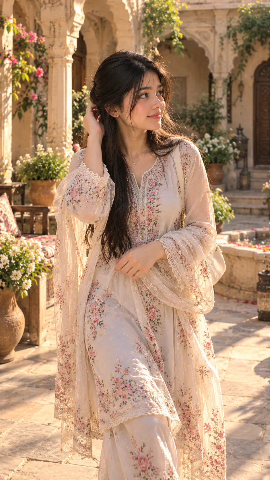 Create an ultra-realistic cinematic portrait of Sofia wearing an elegant ivory-and-pastel floral embroidered kurta set with matching