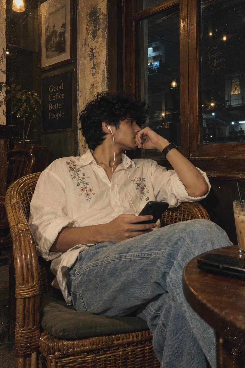 A cinematic, intimate lifestyle portrait of a young man relaxing in a vintage café at night, captured in a candid side-profile composition.