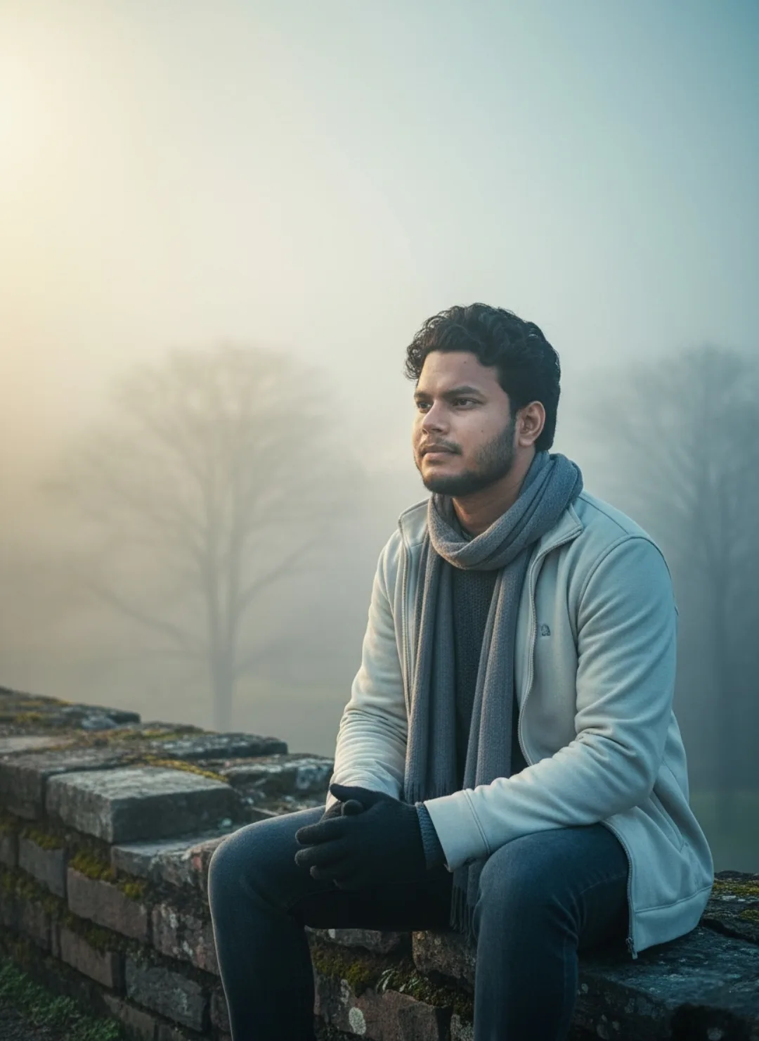A realistic portrait of a young South Asian man with curly dark hair and a short beard sitting on a weathered moss-covered brick wall.