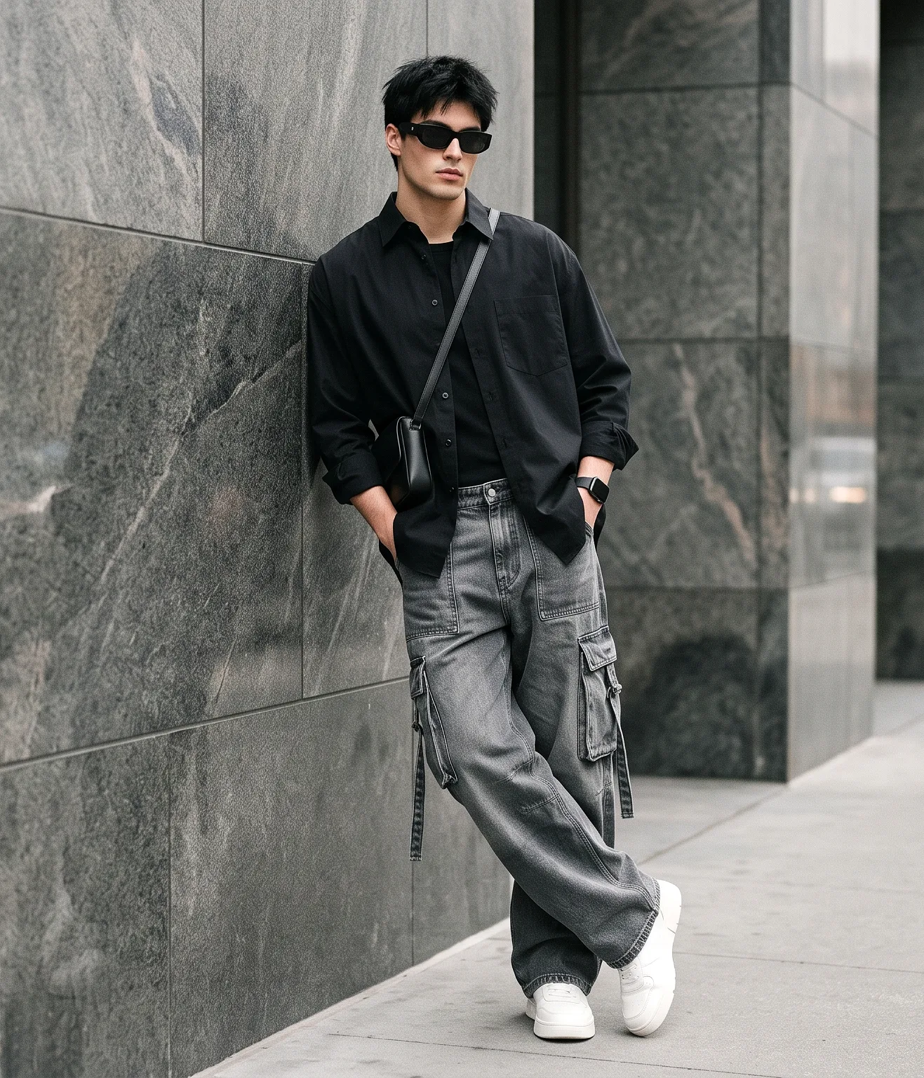 A breathtakingly handsome young male fashion model stands effortlessly against a towering charcoal-gray architectural stone wall in a