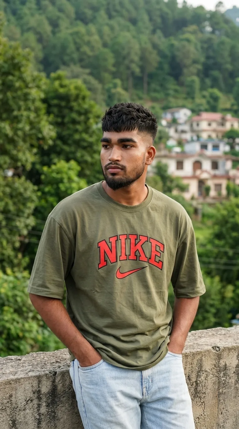 Detailed AI Image Prompt: A vertical 9:16 aesthetic outdoor portrait of a young man posing casually against a low textured concrete ledge