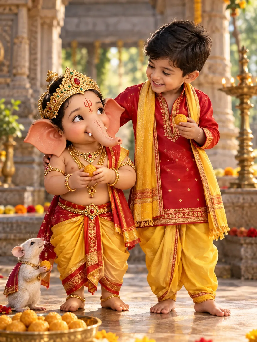 5 years boy is standing on the RIGHT side, happily playing with childlike Lord Ganesha on the LEFT, with his hand affectionately placed on