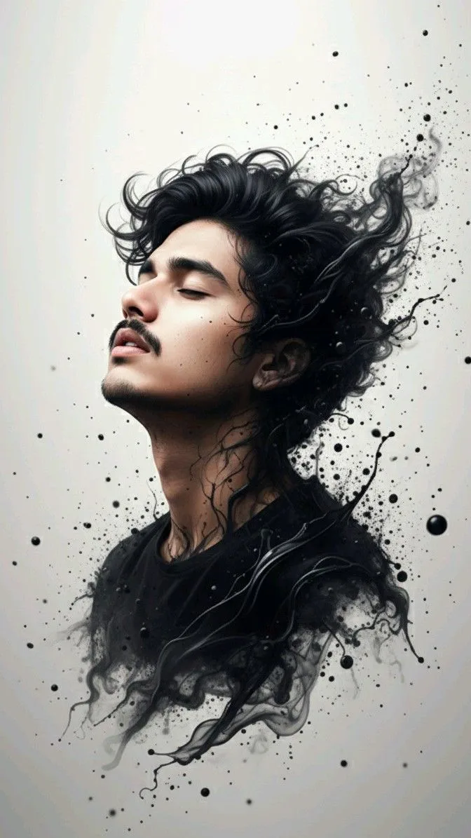 A striking and surreal digital art portrait of a young South Asian man with his eyes closed in a peaceful, serene expression, viewed from a
