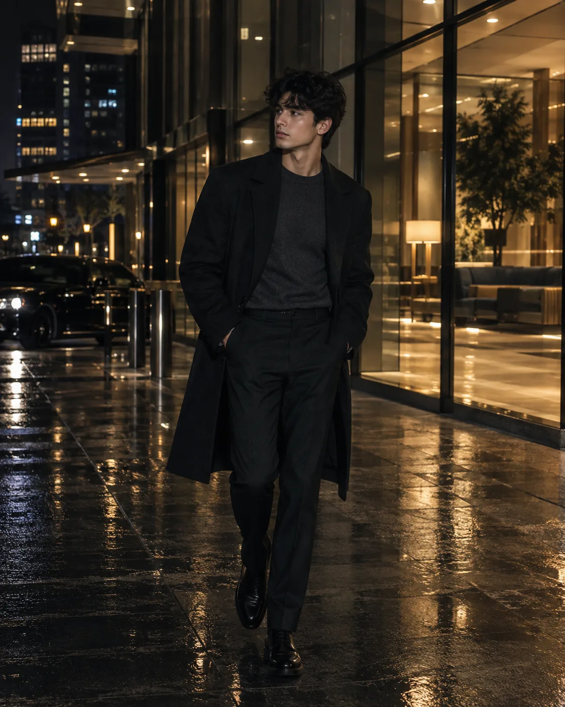 Ultra-realistic high-end cinematic fashion photograph of a young adult male model standing confidently outside a modern luxury glass