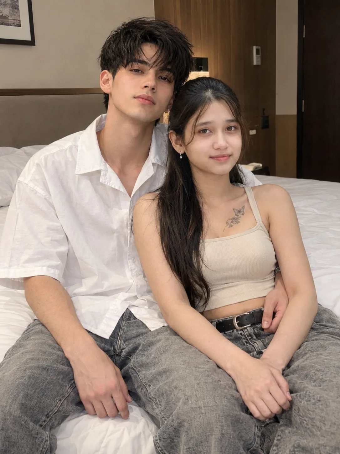 Ultra-realistic mid-shot of a couple sitting intimately on a hotel bed.