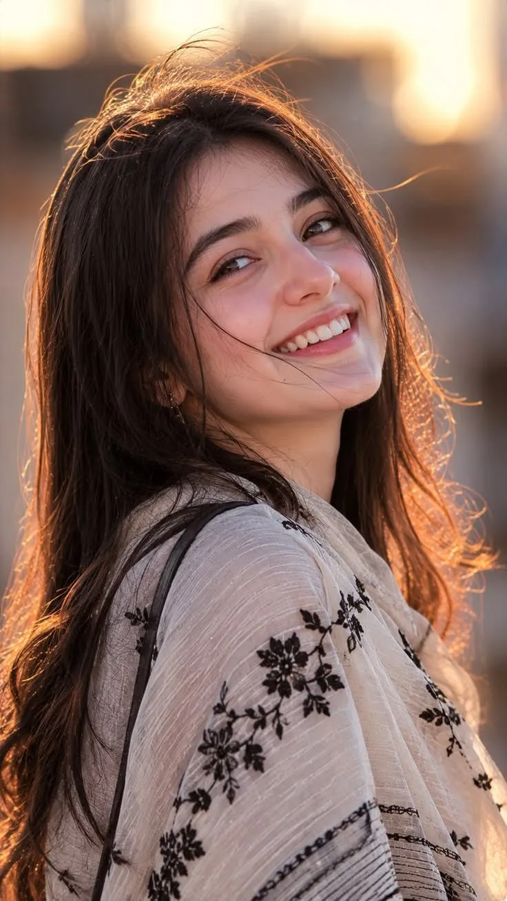 A heartwarming and luminous 9:16 cinematic portrait of a young South Asian woman looking over her shoulder with a radiant, genuine smile,