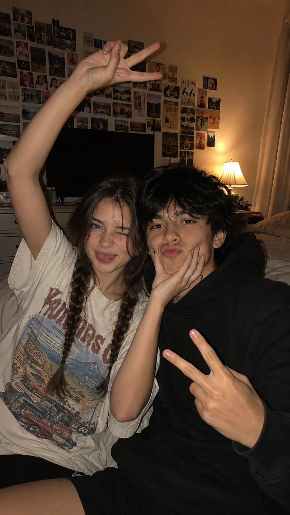 Style: Ultra-realistic smartphone photography × candid couple/friend portrait × cozy bedroom × Gen-Z social-media aesthetic × direct flash