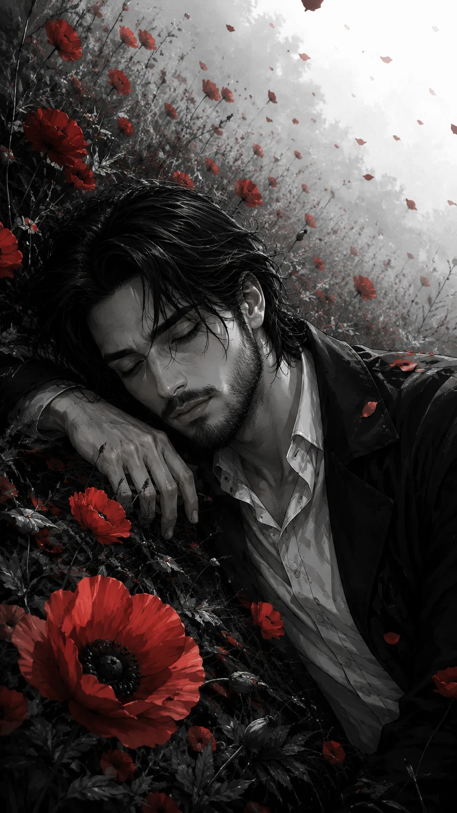 Create a highly detailed **vertical 9:16 mobile wallpaper** in a dramatic monochrome anime/manga illustration style, based closely on the