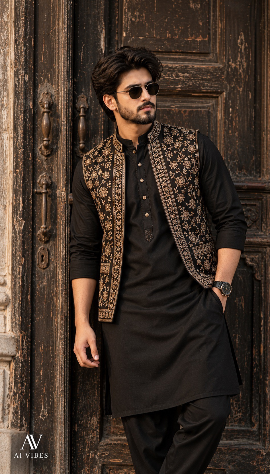 Create an ultra-realistic cinematic fashion portrait of a completely NEW South Asian man with a unique facial identity.