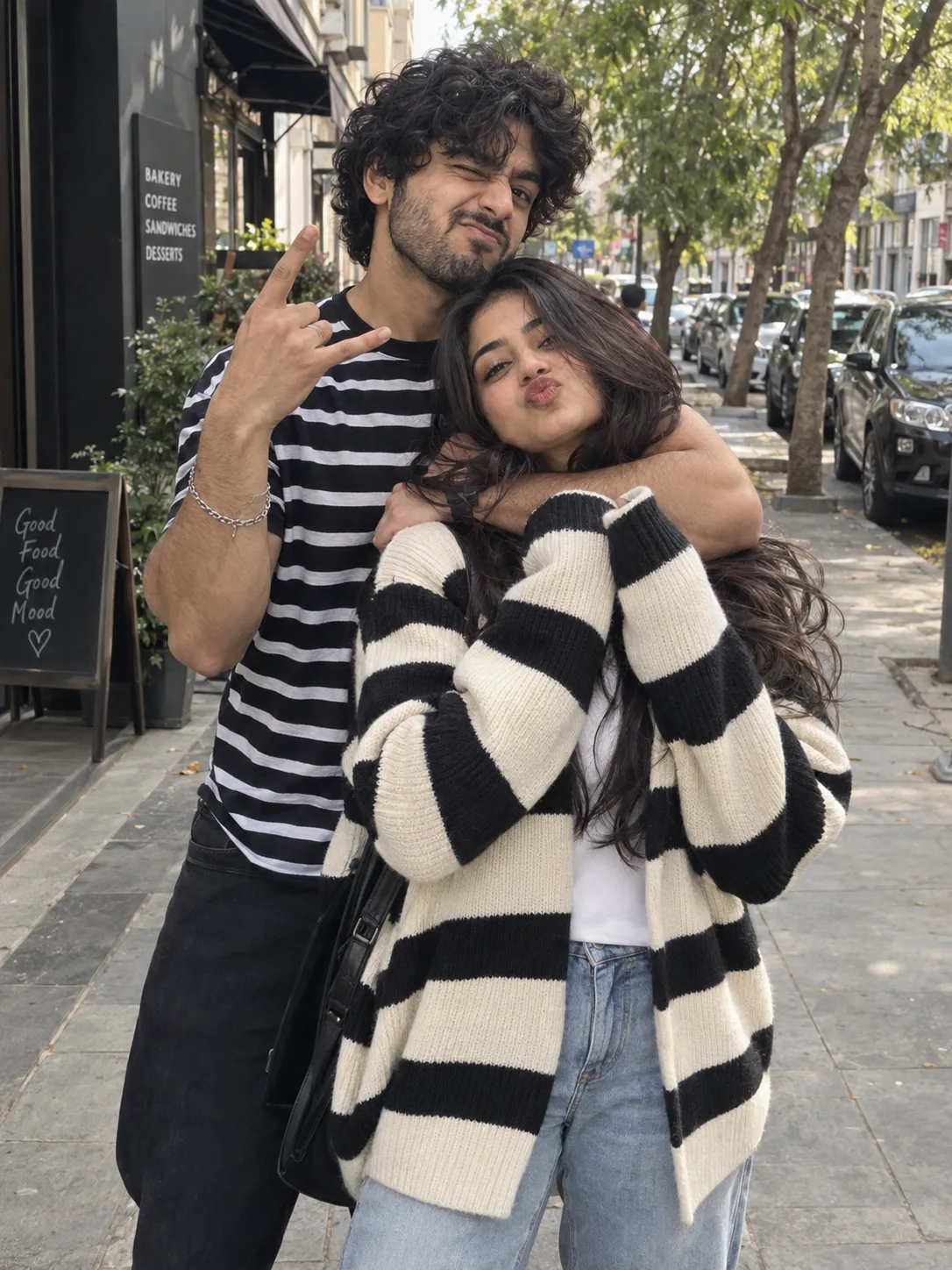 "An ultra-realistic, highly candid out 2/14 door photo of a playful young South Asian couple posing funnily on a cit y sidewalk.