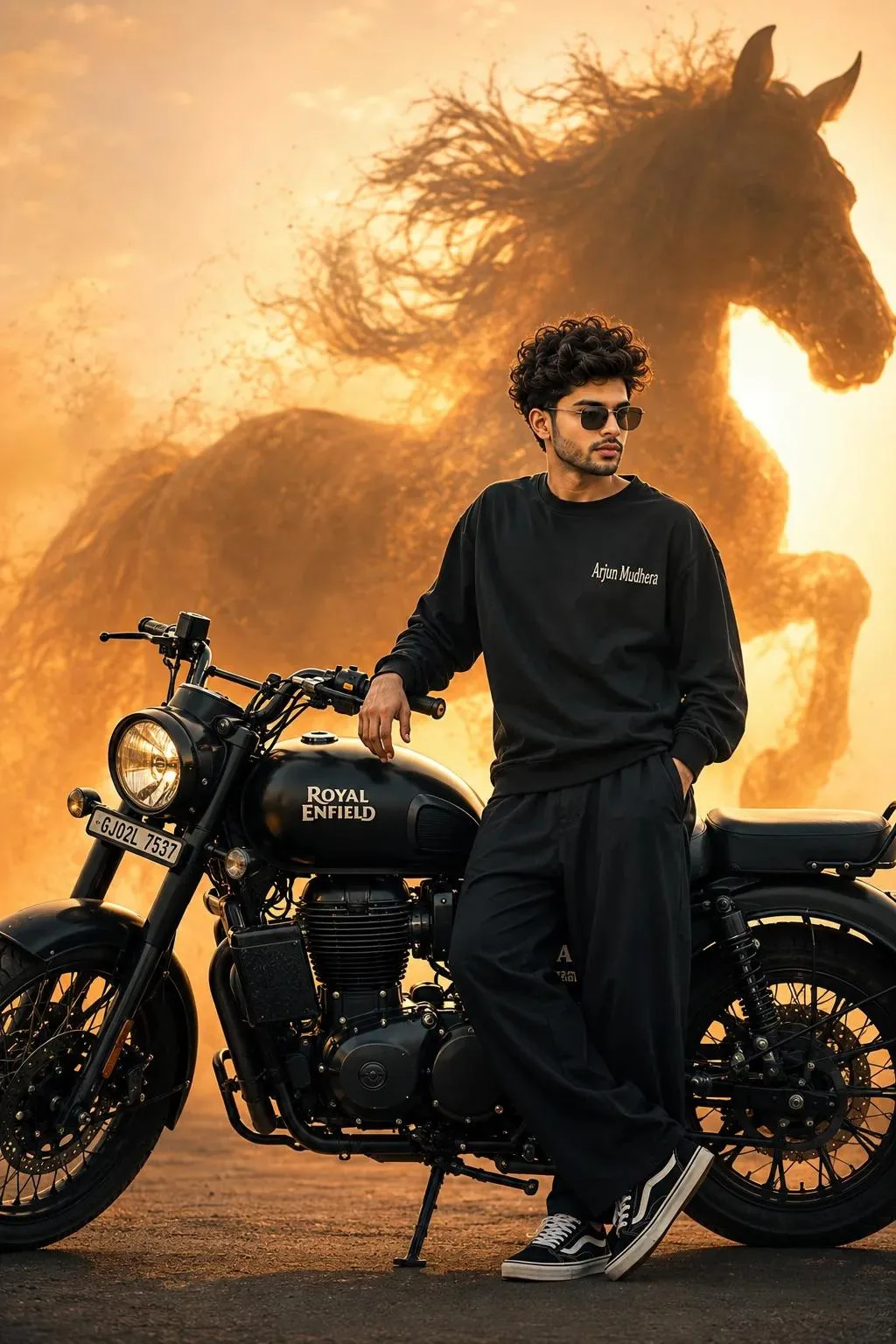 New Prompt : A cinematic editorial portrait of a young man with curly hair and a trimmed beard, wearing black sunglasses, a loose black
