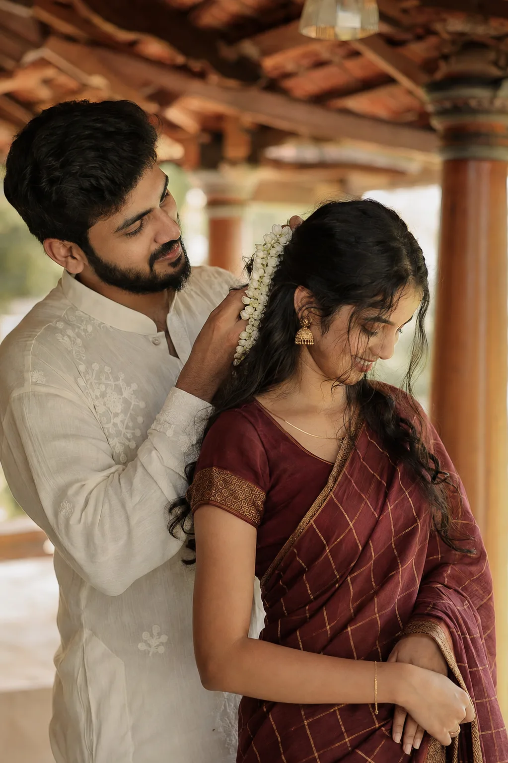 A CANDID, WARM-TONED ROMANTIC PHOTO OF A YOUNG COUPLE UNDER A TRADITIONAL KERALA STYLE TILED ROOF PORCH.