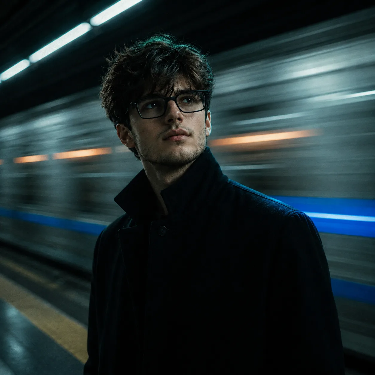 Create a photorealistic cinematic upper-body portrait of a young man standing on a modern underground subway platform at night.