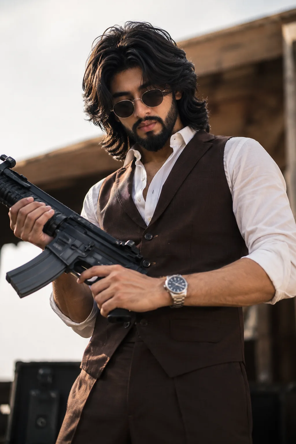 A dramatic cinematic medium shot of a stylish, modern action hero man holding a black tactical rifle with both hands.