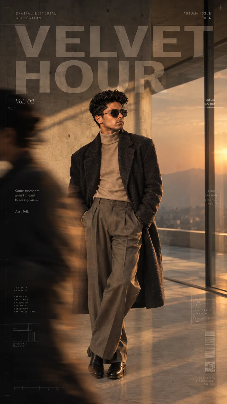 Create a 9:16 ultra-luxury editorial fashion poster titled "VELVET HOUR", photographed as if for an international luxury fashion