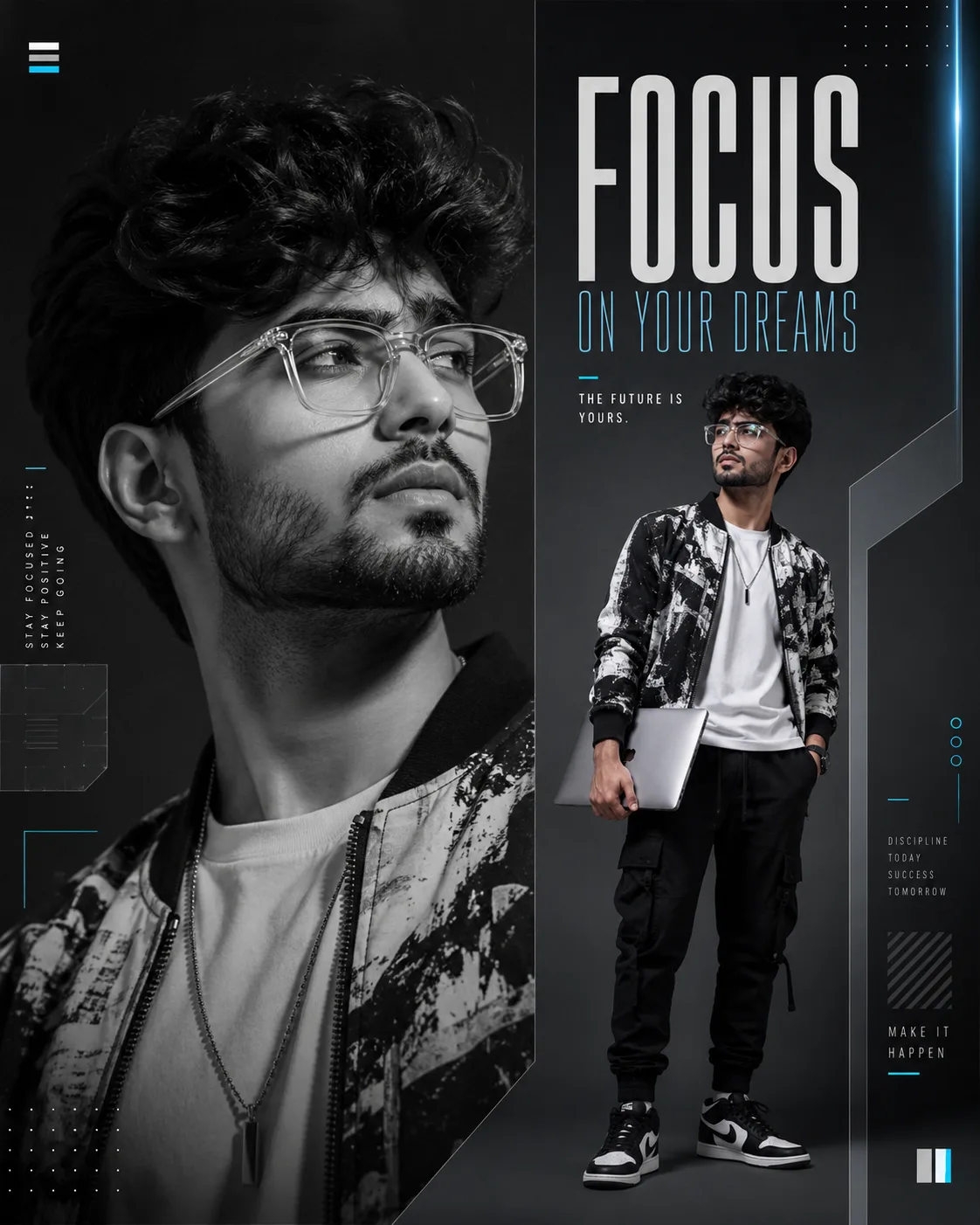 Create a premium, highly realistic modern fashion editorial poster featuring a stylish young male model with a confident and thoughtful