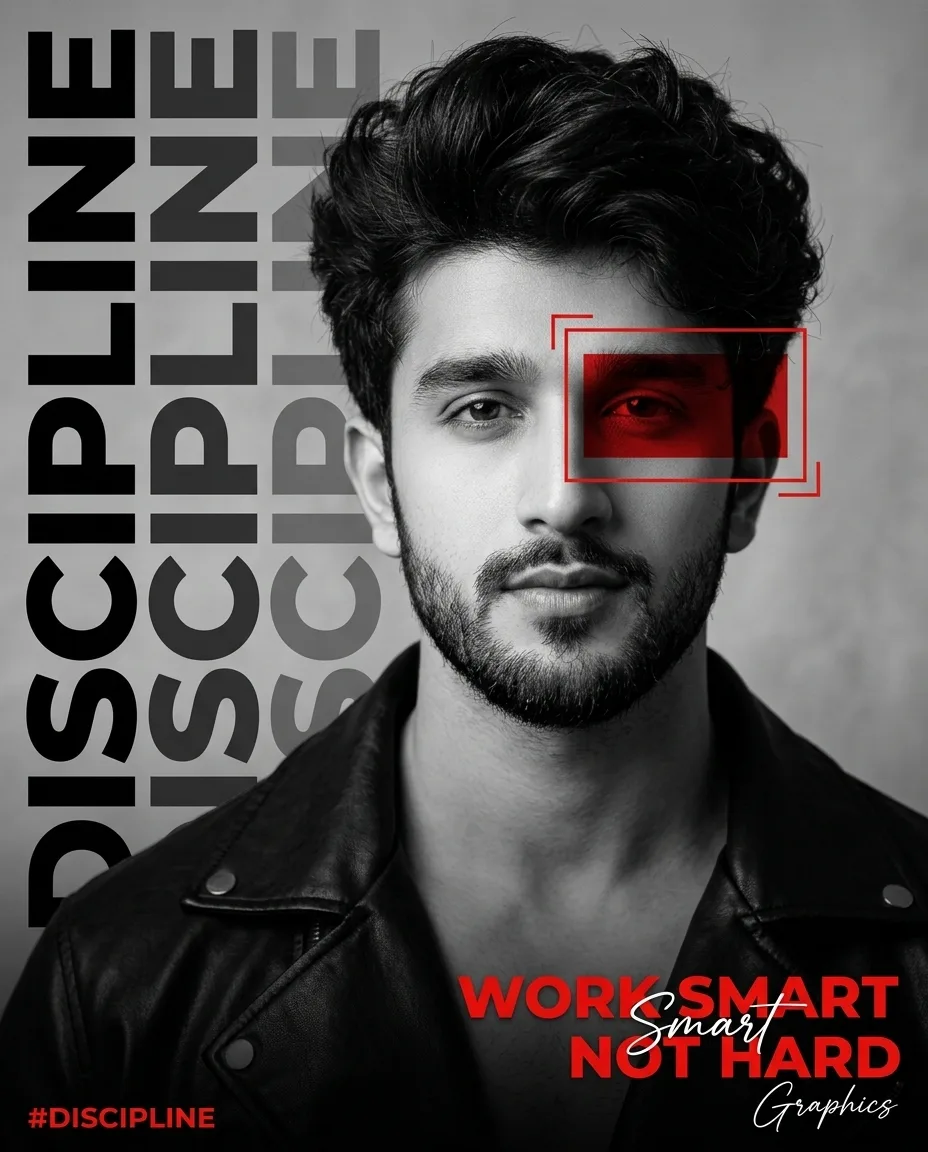 CREATE A HYPER-DETAILED GRAPHIC DESIGN FEATURING A STRIKING PORTRAIT OF A YOUNG MAN WITH THE SAME FACE AS UPLOADED WITH A CONFIDENT