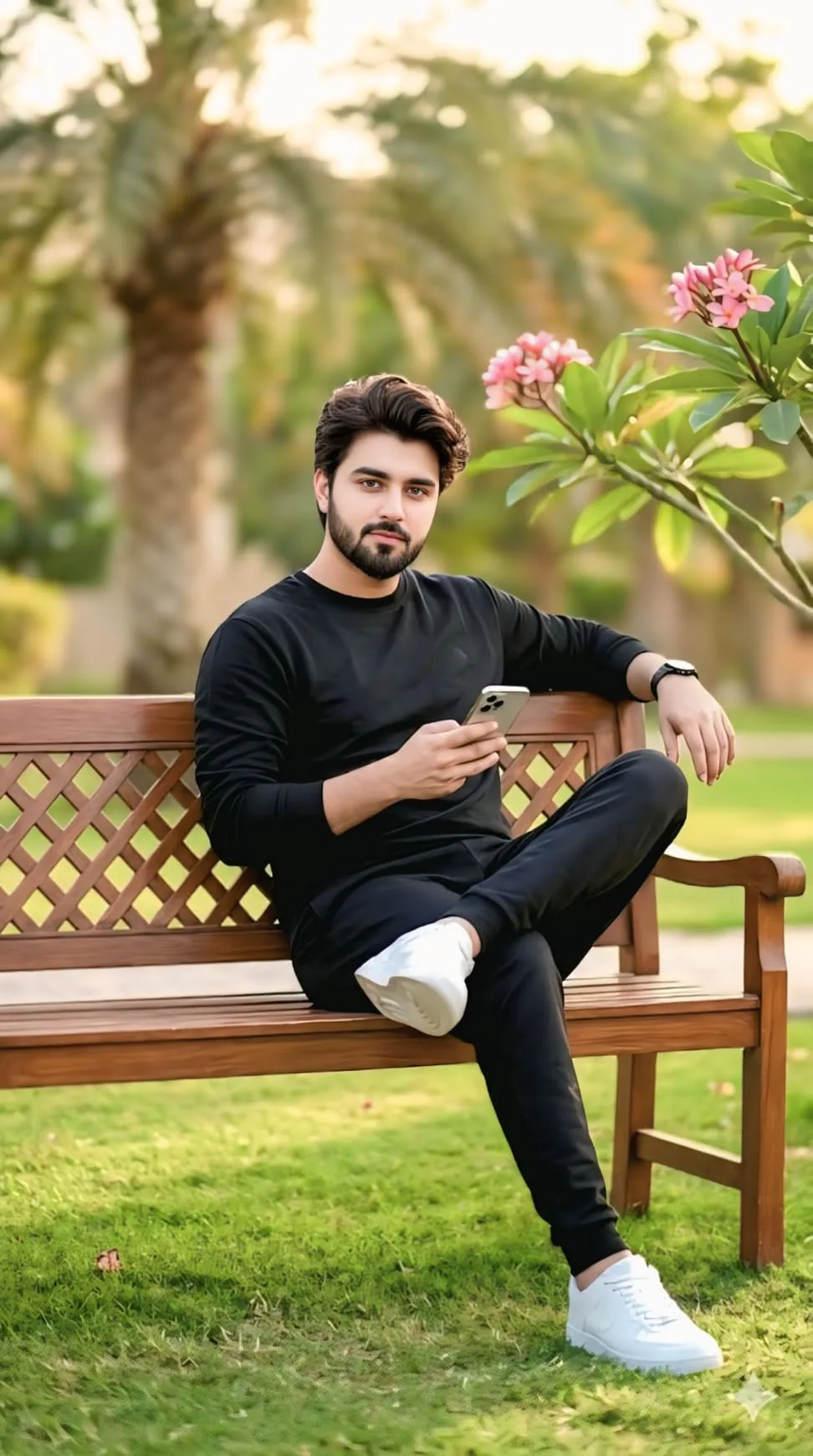 "A realistic 4k cinematic full-body portrait of a handsome 24-year-old South Asian man with a well-groomed full beard and perfectly styled,