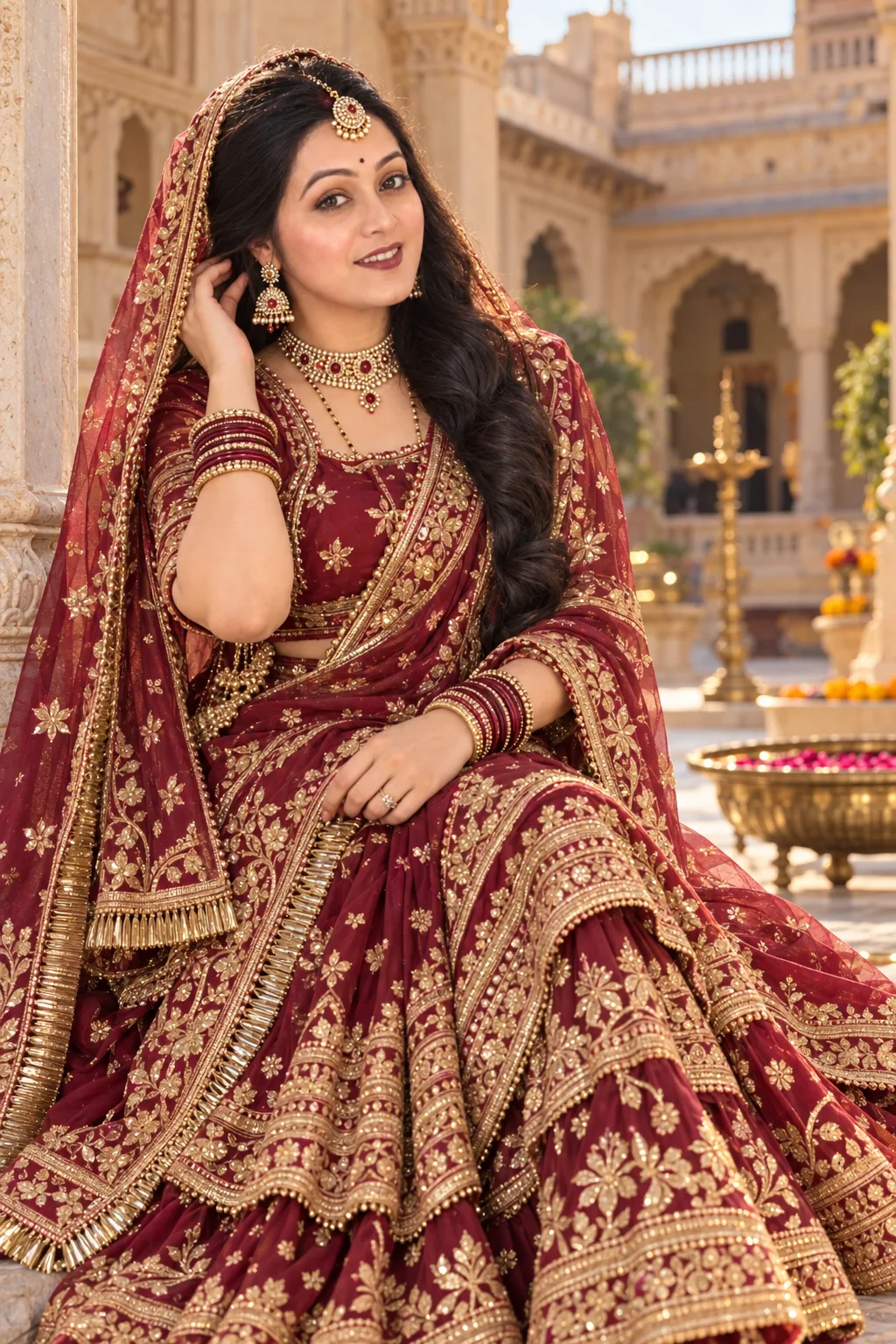 Create an ultra-realistic, high-resolution 8K portrait of a graceful Indian woman wearing a traditional royal maroon and gold Rajputi