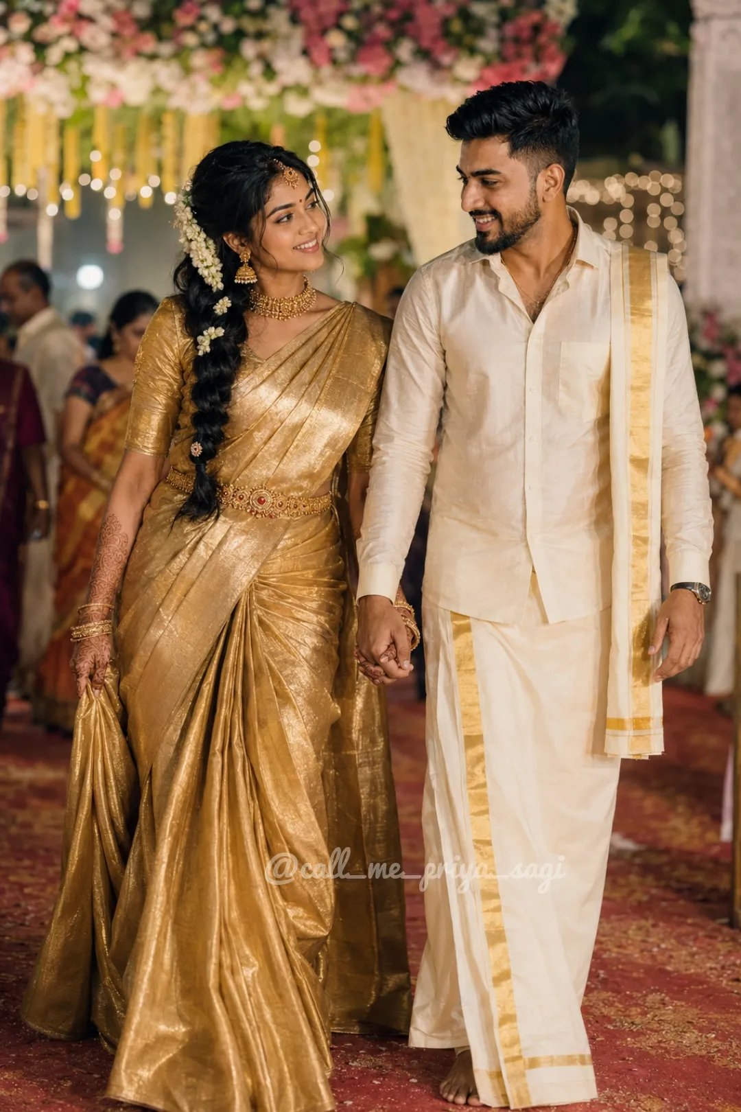 ππ«π Candid, full-length photograph of a smiling South Indian wedding couple walking hand-in-hand during a night ceremony.
