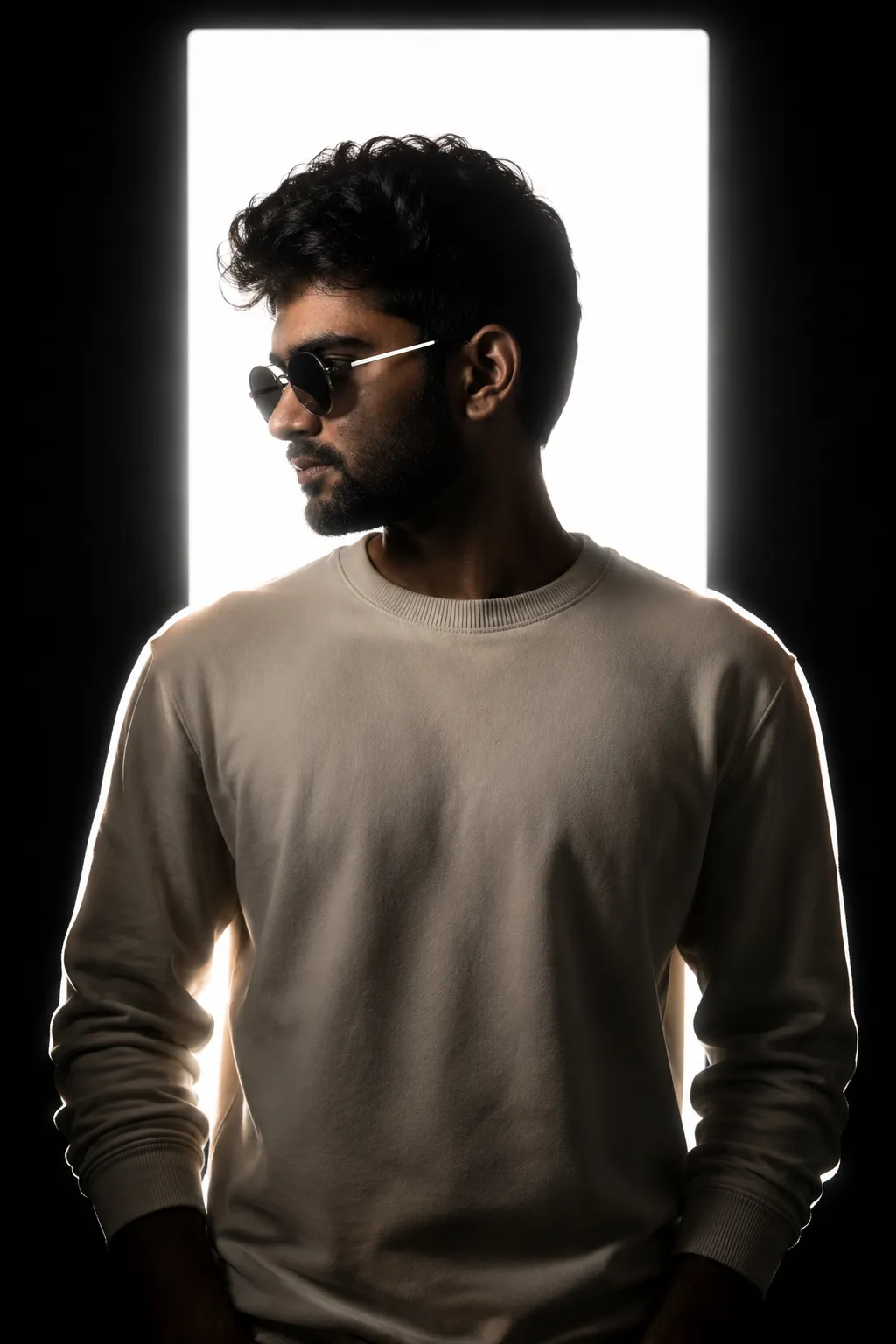 A dramatic, high-contrast studio portrait of a young man with messy dark hair and a neatly groomed full beard and mustache, captured from