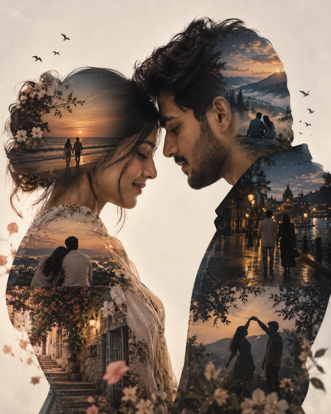 A single 4:5 vertical fine-art DOUBLE-EXPOSURE of a COUPLE (Partner A female, Partner B male - from TWO uploads): two profiles facing each