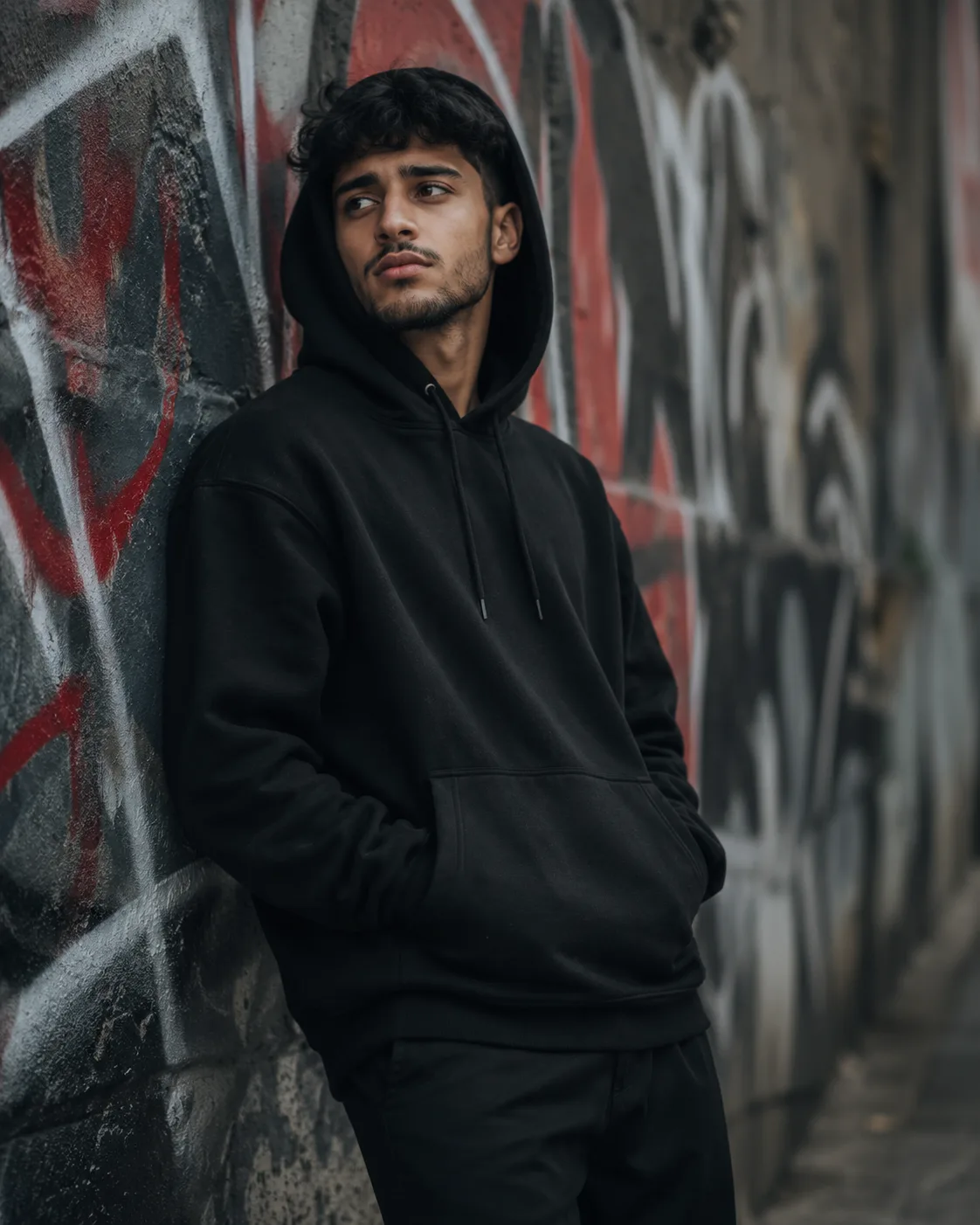I am leaning casually against a weathered concrete wall covered with colorful urban graffiti.
