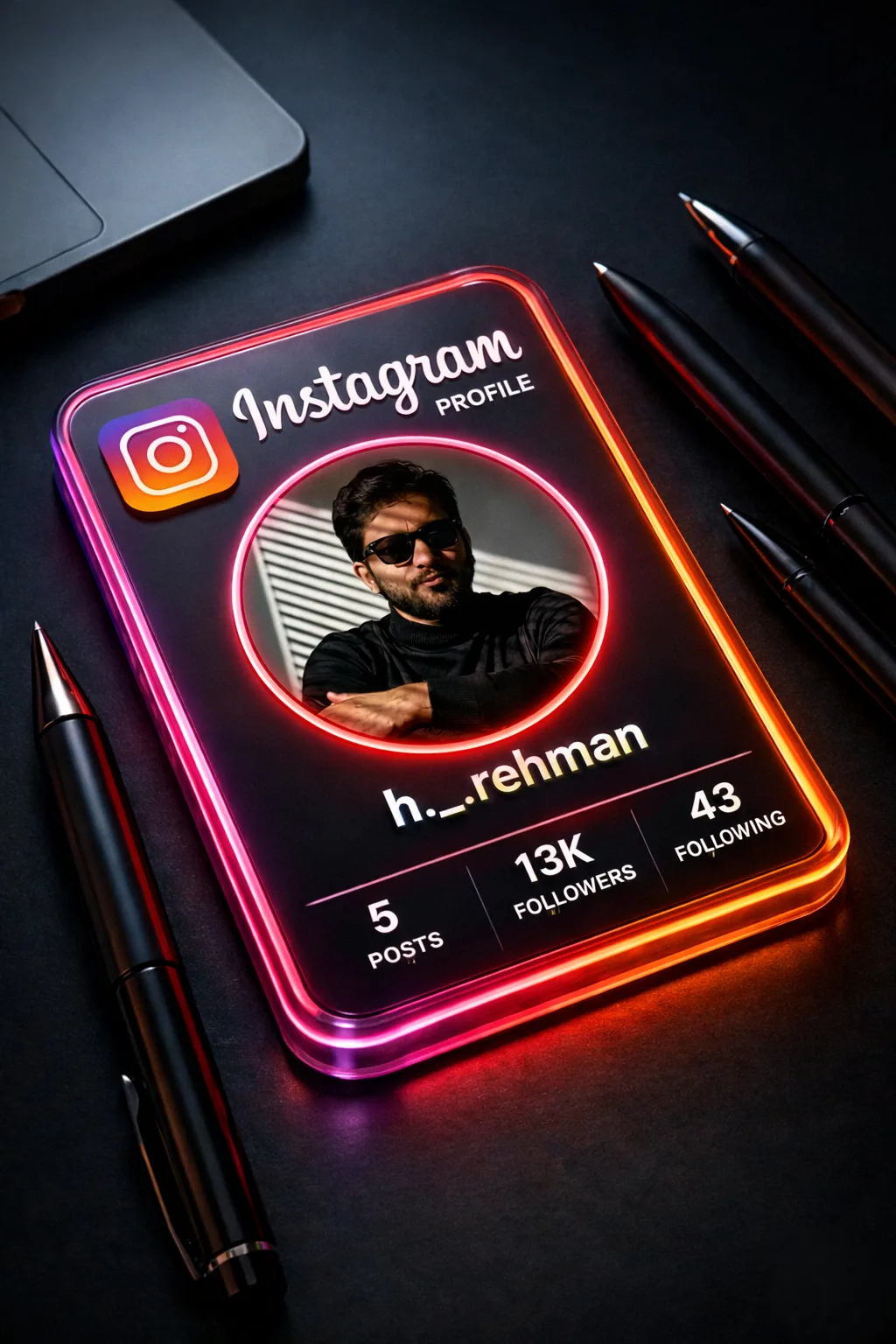 A high-end, futuristic 3D render of a transparent Instagram profile card, resting on a dark, reflective desk surface.