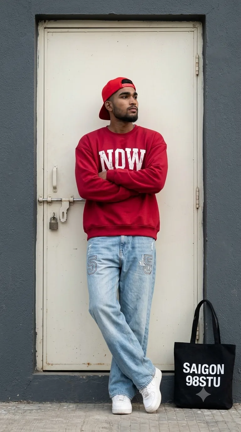 Photorealistic full-length outdoor portrait of the exact same young Indian man from the reference image, preserving maximum facial identity