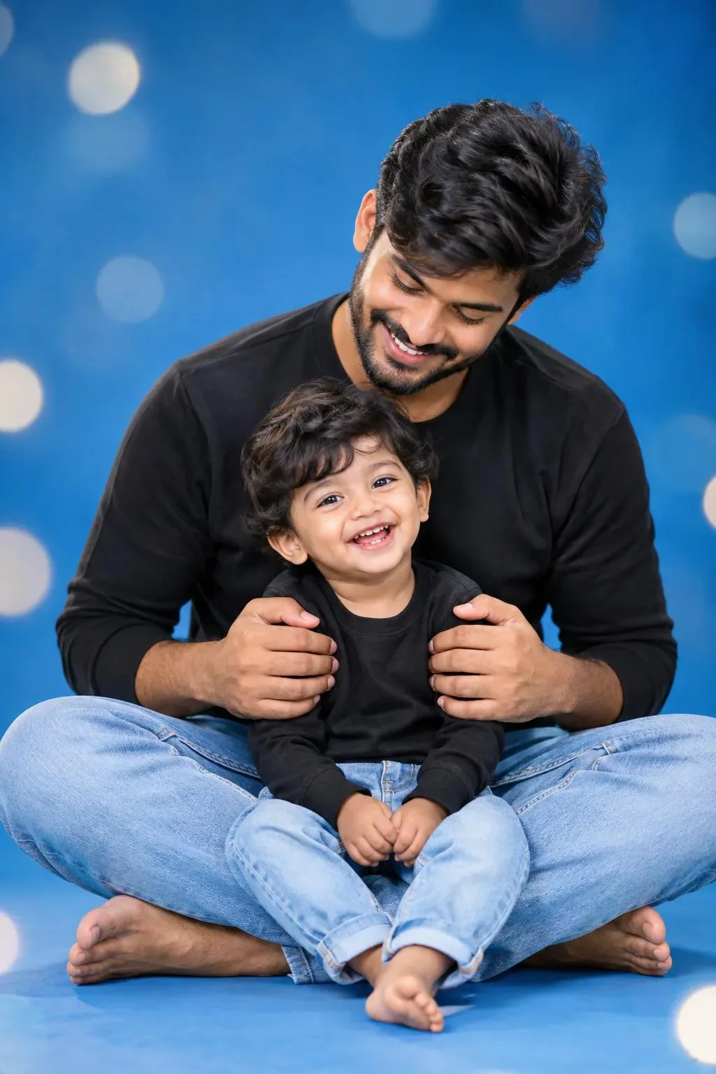 Emotional candid-style studio portrait of a father sitting cross-legged on the floor with his toddler son sitting between his legs, father