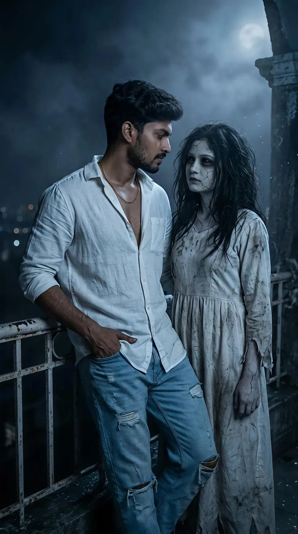 A hyper-realistic, cinematic medium-full photograph capturing an intimate, haunting moment on a dark, moonlit rooftop.
