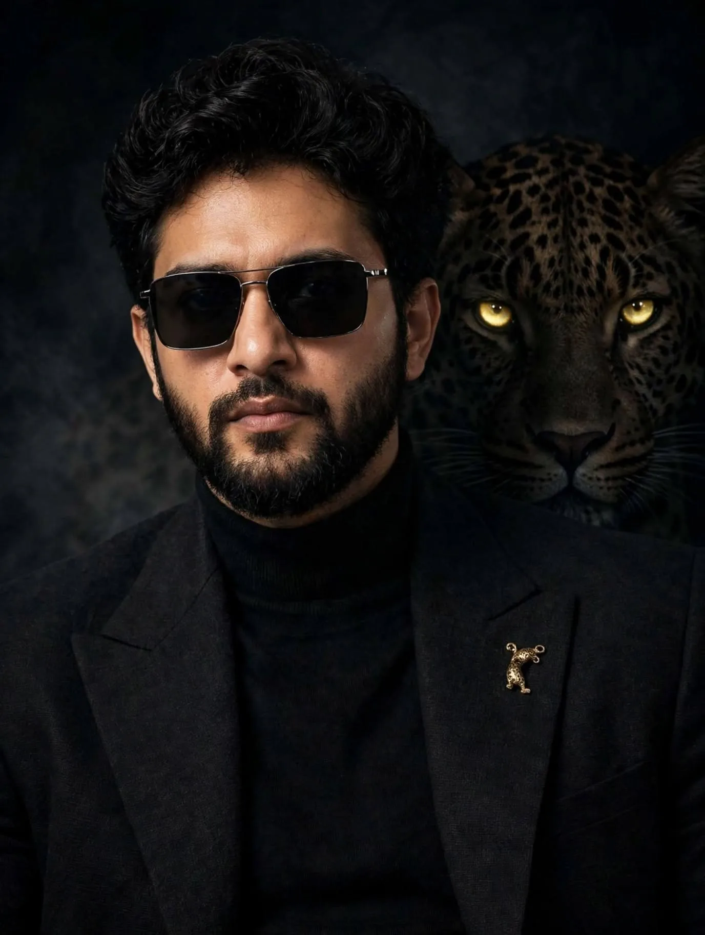 Cinematic fashion portrait of a confident young Indian man with curly black hair and trimmed beard, wearing black sunglasses, black