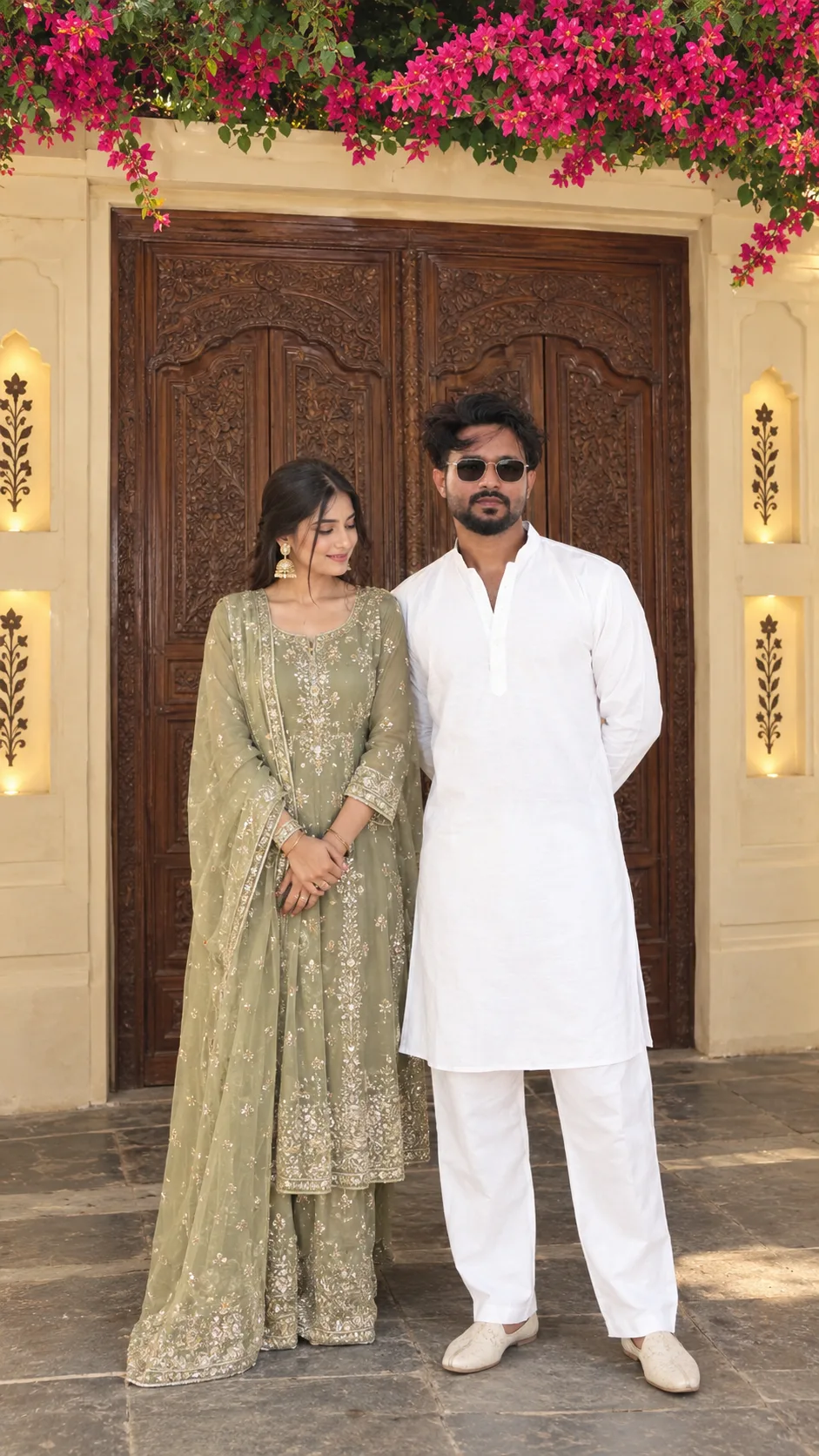 Create an ultra-realistic, high-quality, full-body photograph of a stylish young Indian couple standing together in front of a beautiful