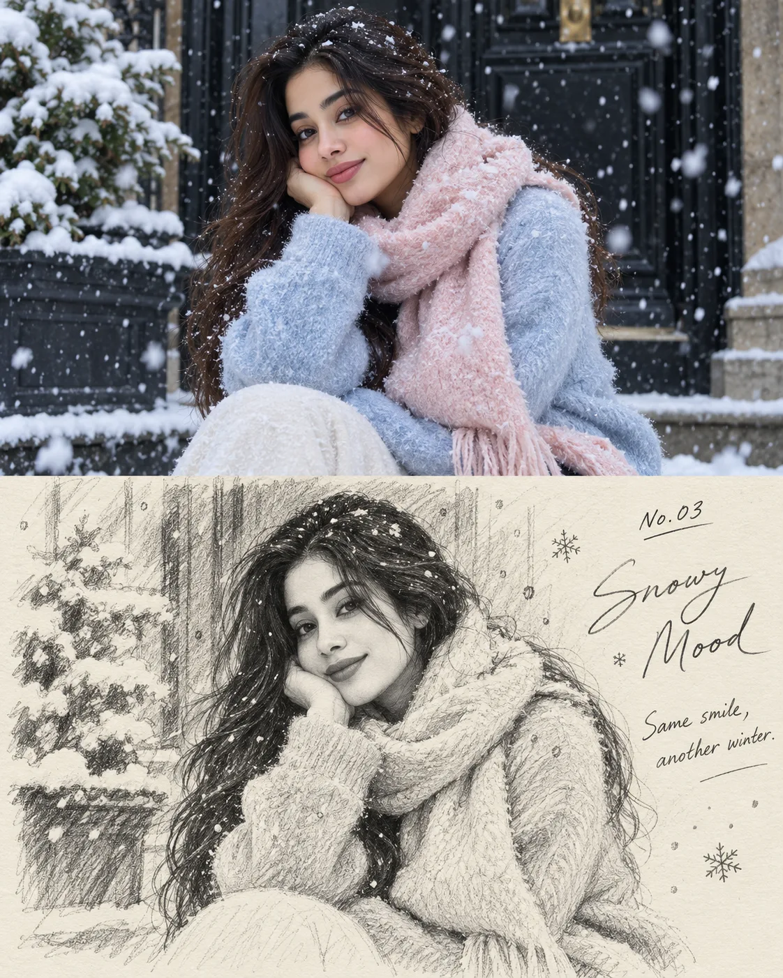 Use my uploaded portrait as the face/identity reference and recreate the EXACT visual concept of the provided snowy two-panel reference.