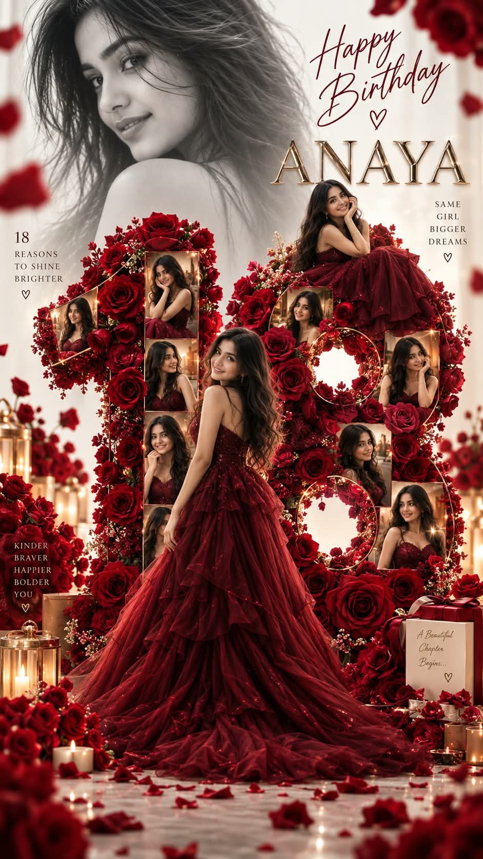 Prompt by @aipromptsgenz Create an ultra-realistic cinematic birthday poster featuring a young girl in two elegant poses surrounded by a