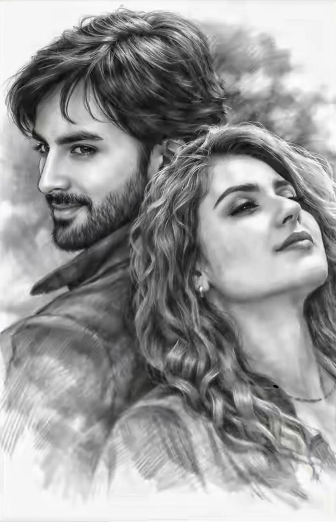 An artistic, highly detailed black and white pencil sketch of a loving young couple, leaning back-to-back in an intimate and serene pose.