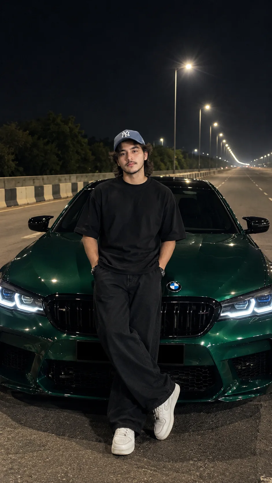 Create an ultra-realistic cinematic vertical nighttime photograph of the same young South Asian man from the reference image, preserving