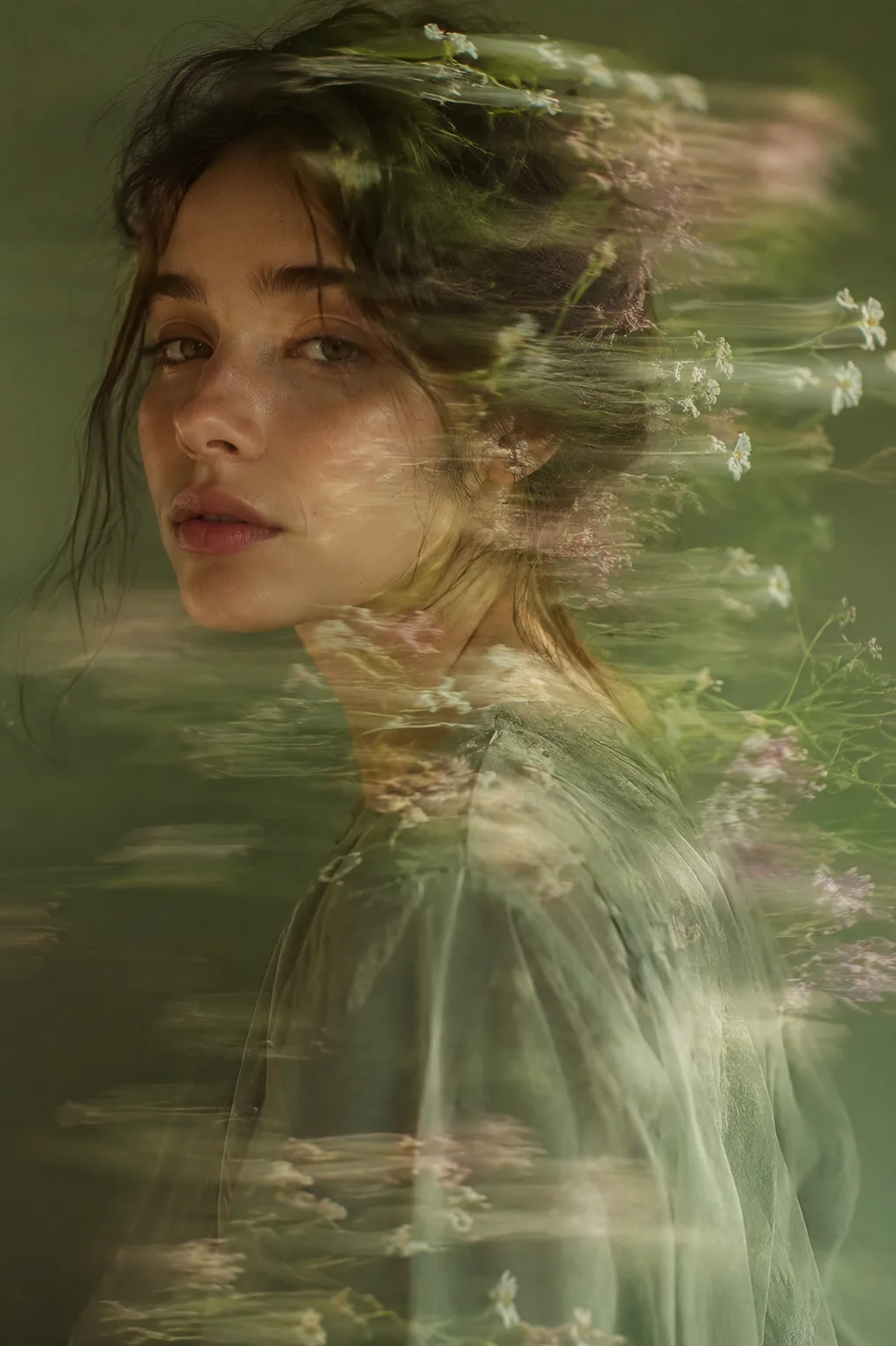 Ultra-realistic fine-art portrait of a young woman with soft natural features, minimal makeup, and calm introspective expression.
