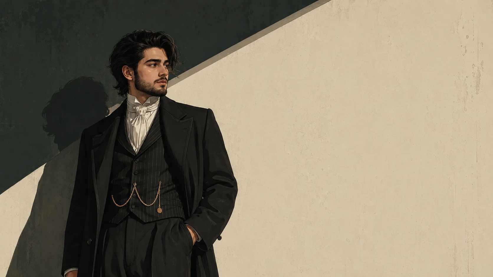A highly stylized cinematic digital illustration of a handsome young adult man standing alone against a minimalist architectural