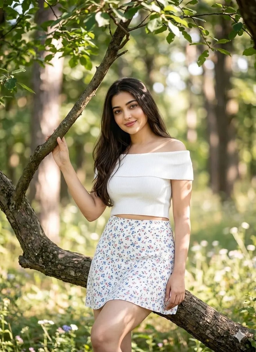 Make A beautiful young woman posing naturally on a tree outdoors, wearing a white off-shoulder crop top and floral mini skirt, long flowing