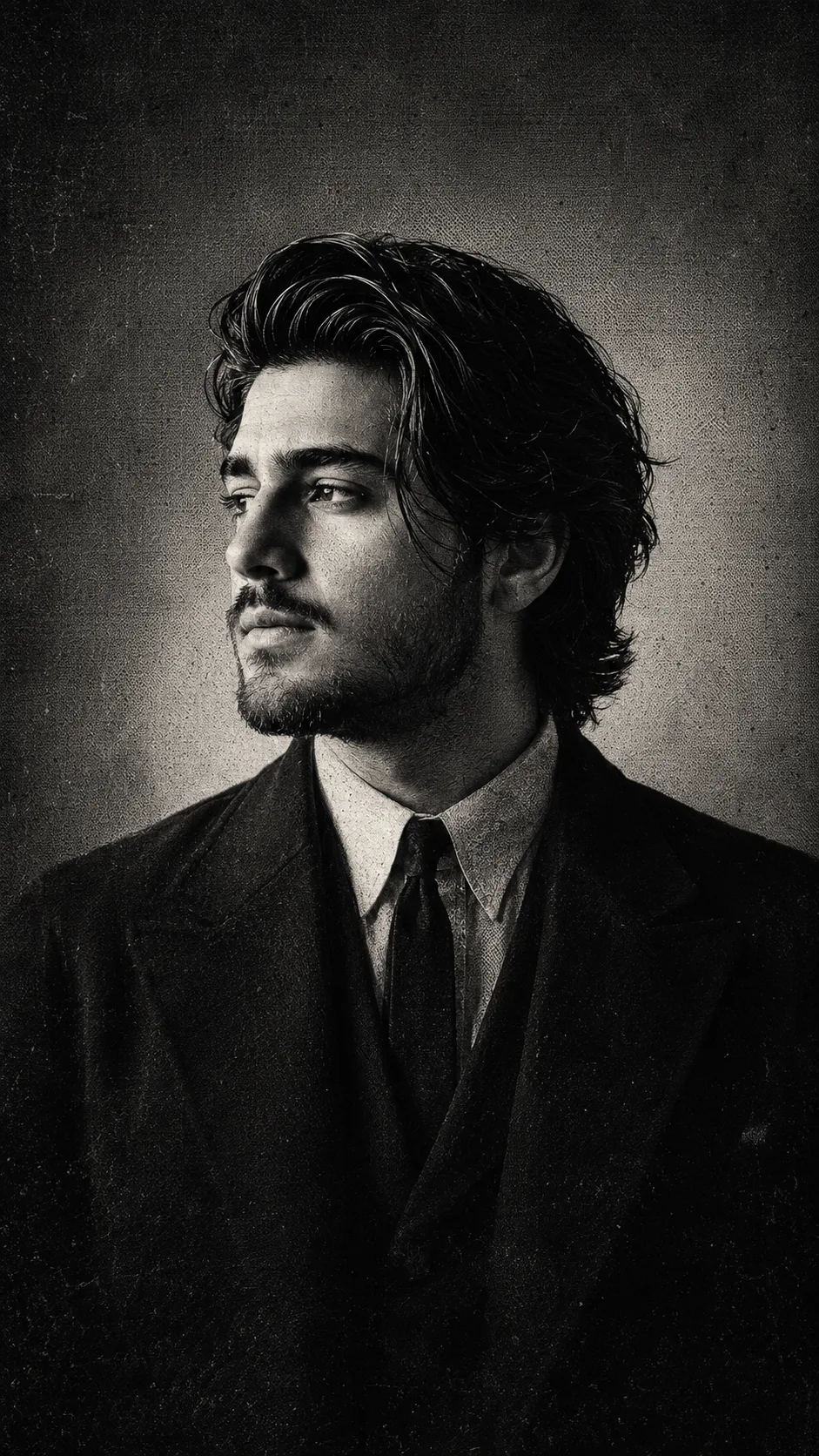 A highly cinematic, monochromatic portrait of a handsome young adult man in a vintage 1930s–1940s gangster aesthetic, shown from the chest