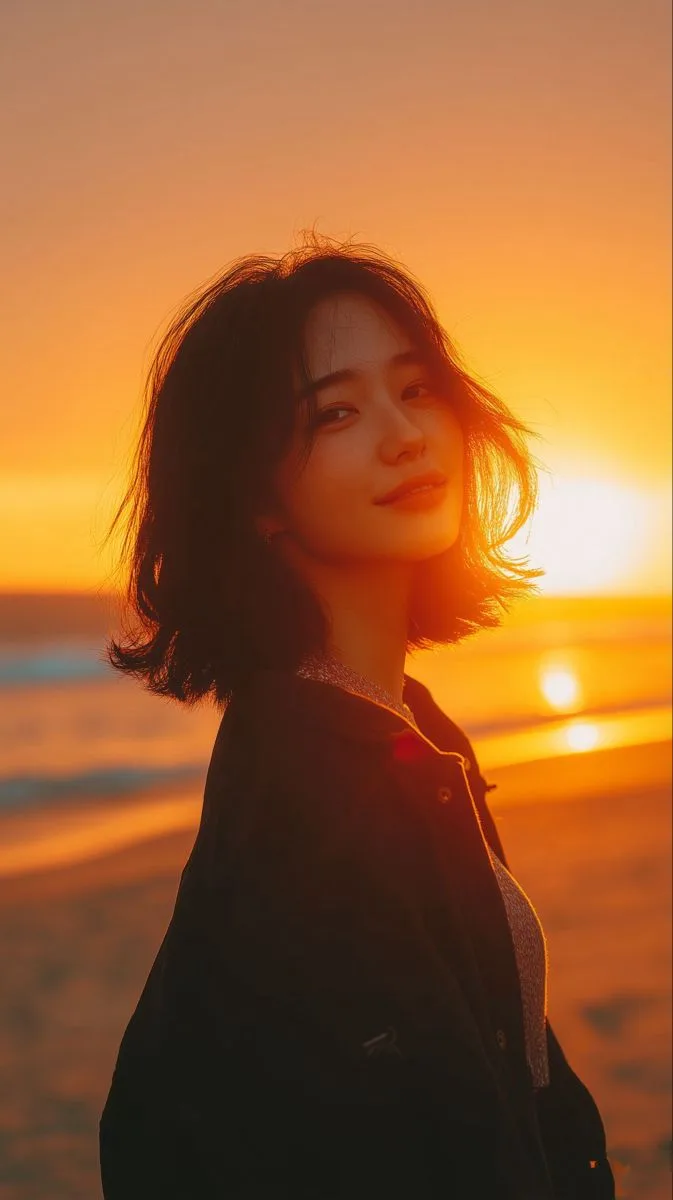 A breathtaking, cinematic 9:16 portrait of a young East Asian woman with a textured short bob haircut, looking gently over her shoulder