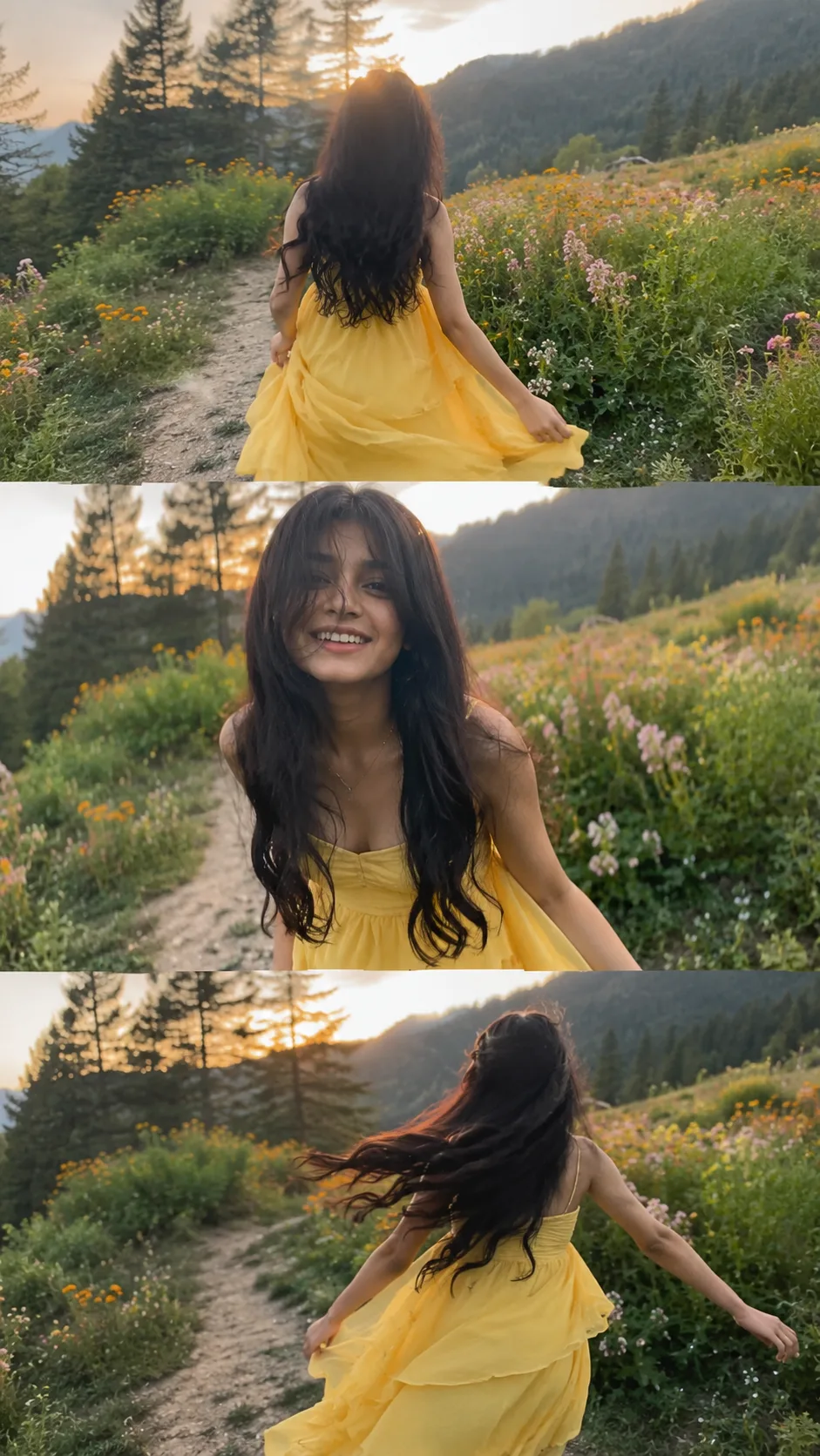 Create an ultra-realistic candid portrait of an Indian girl in a dreamy flower meadow on a mountain hillside during golden hour, captured