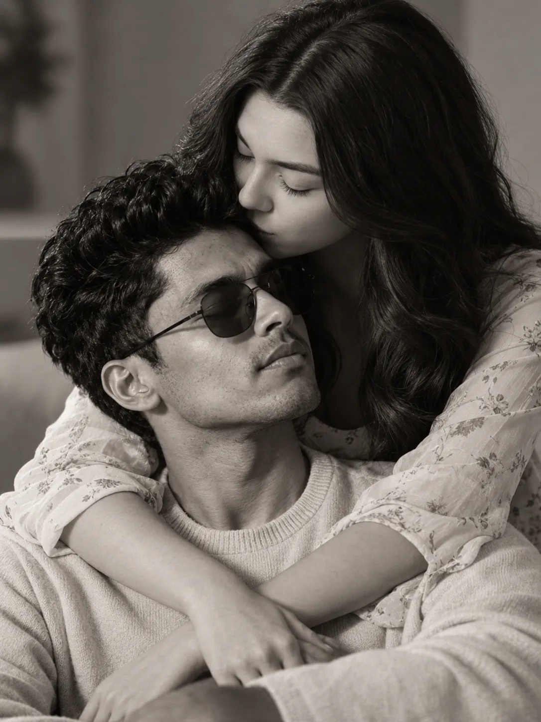 Create a gentle, intimate black-and-white portrait of a couple in a close embrace.