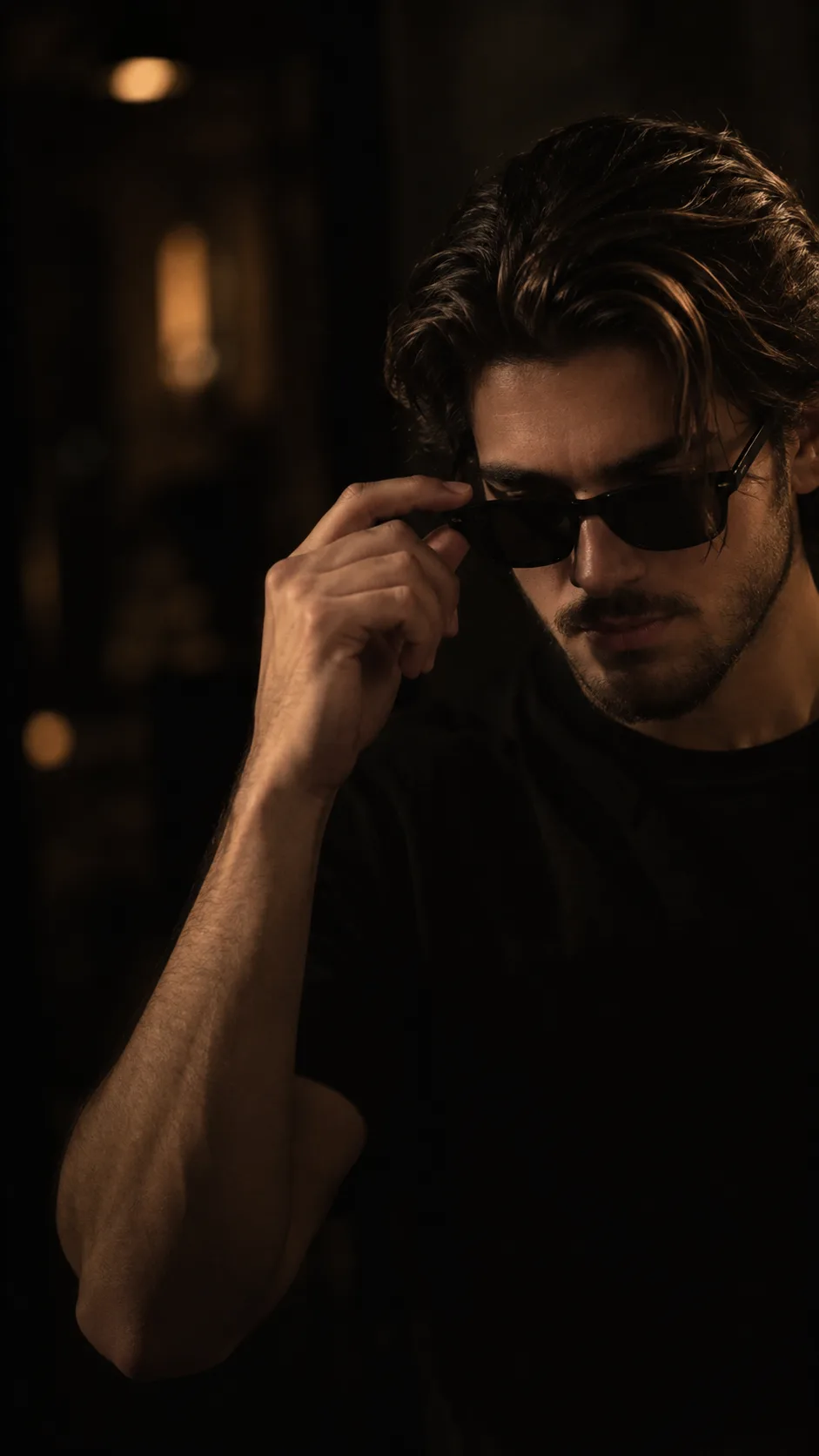 Ultra-realistic cinematic editorial portrait of a handsome young adult man wearing sleek black rectangular sunglasses, captured in an