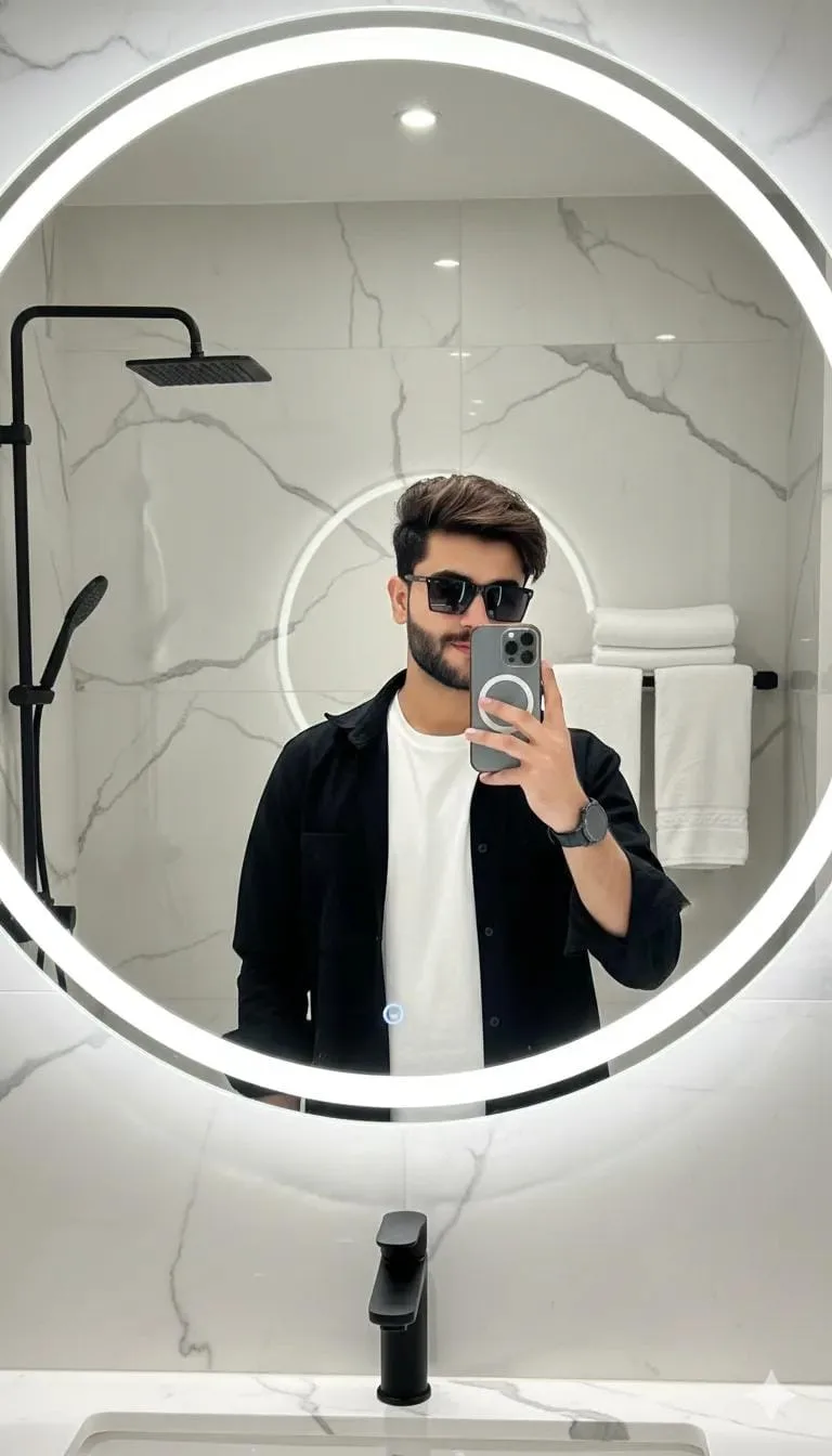 Create a highly realistic mirror selfie of the same young man, preserving his exact face, hairstyle, beard, skin tone, body proportions,