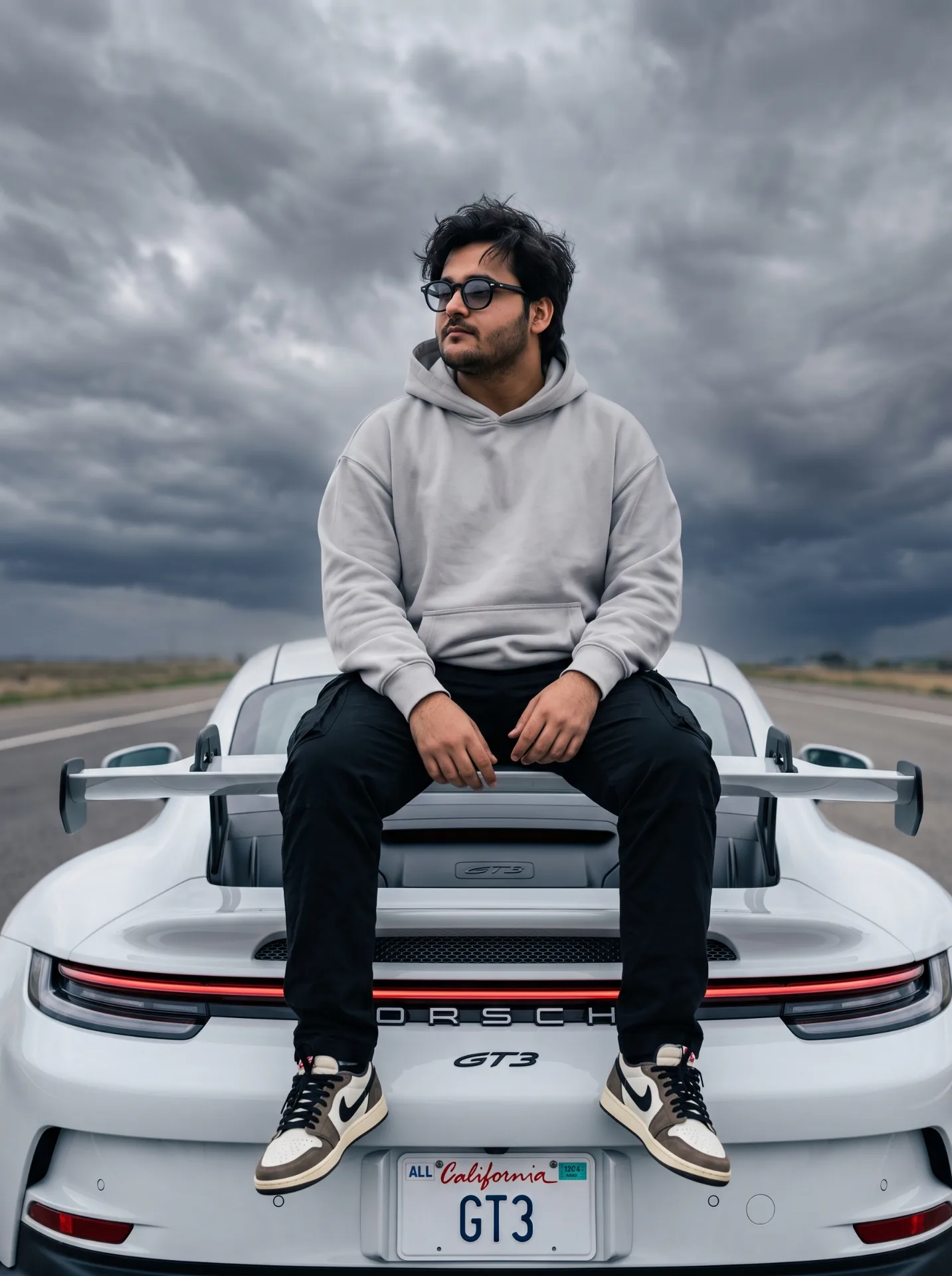 Ultra-realistic cinematic portrait of a young man sitting casually on the rear deck of a white high-performance Porsche GT3 911 with a