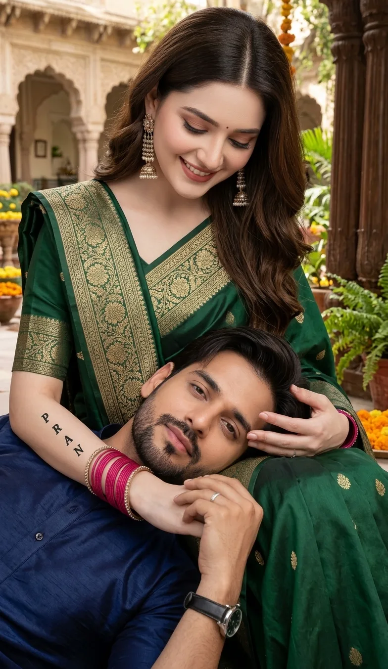 > **CONCEPT:** A photorealistic portrait photograph featuring the same couple from `image_78.png`, preserving their exact pose, facial