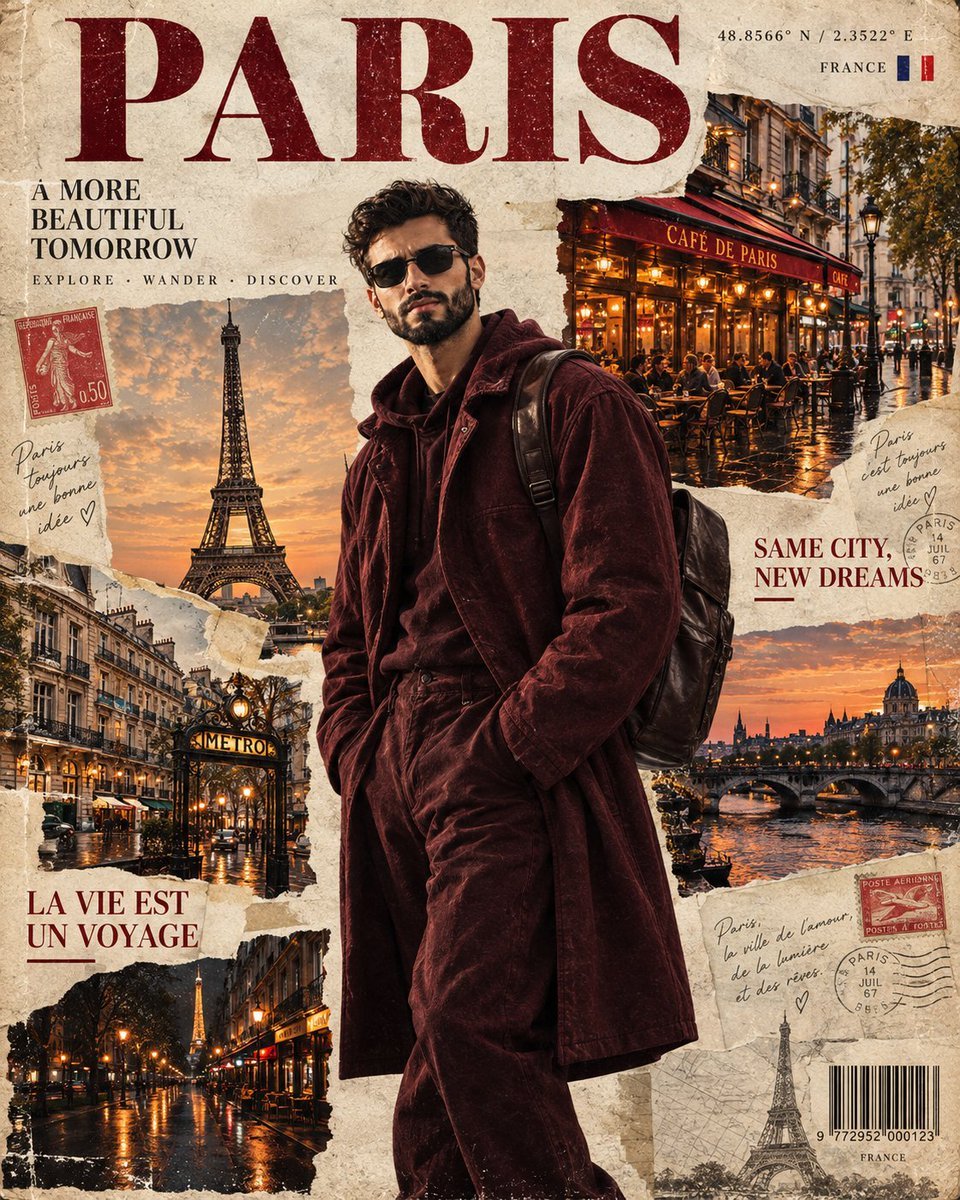 Image created on Gpt 2 Prompt: Create an ultra-realistic cinematic vintage Paris travel magazine cover collage, matching the exact
