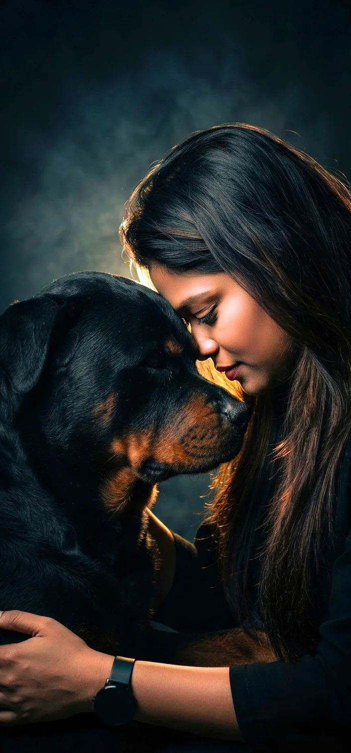 A dramatic, emotional close-up portrait of an Indian woman with long dark hair gently resting her forehead against the head of a large,